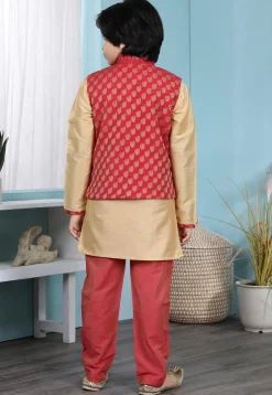 Woven Cotton Silk Kurta Jacket Set in Beige