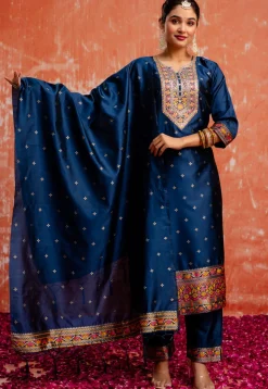 Woven Cotton Silk Pakistani Suit in Teal Blue