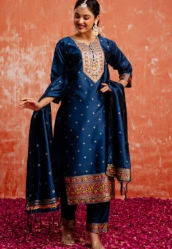 Woven Cotton Silk Pakistani Suit in Teal Blue