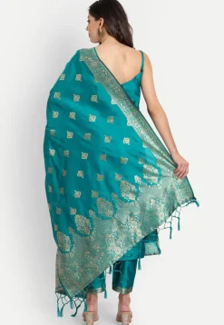 Woven Cotton Silk Pakistani Suit in Turquoise