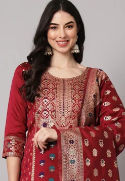 Woven Cotton Silk Pakistani Suit in Maroon