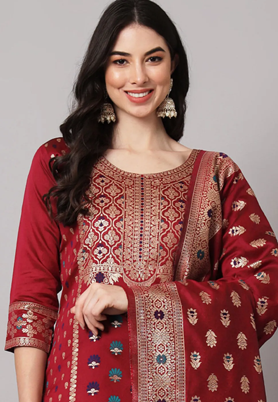 Woven Cotton Silk Pakistani Suit in Maroon