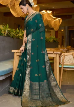 Woven Cotton Silk Saree in Dark Green