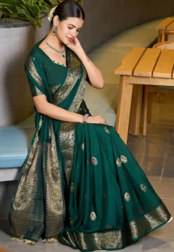 Woven Cotton Silk Saree in Dark Green