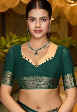 Woven Cotton Silk Saree in Dark Green