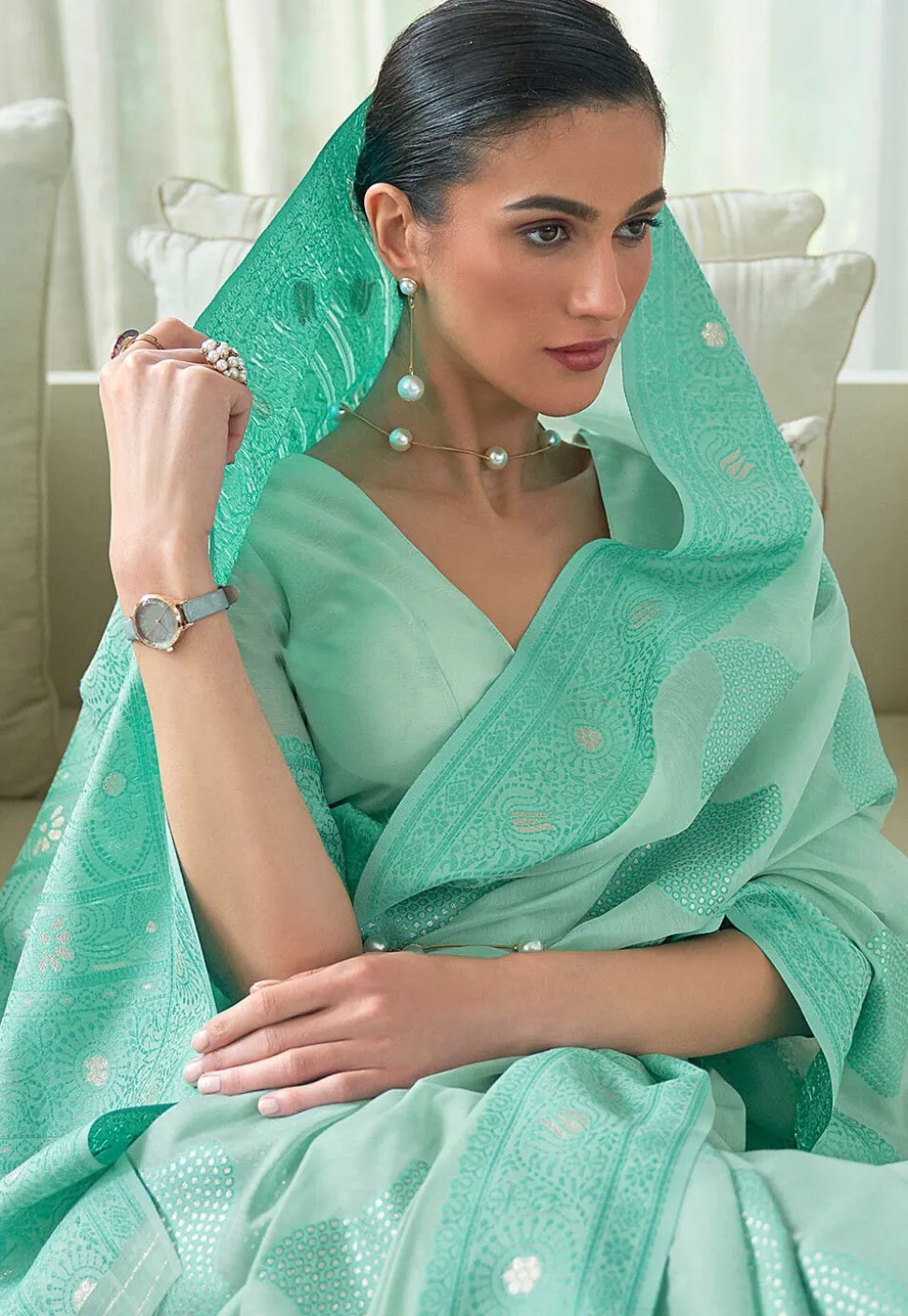 Woven Cotton Silk Saree in Sea Green