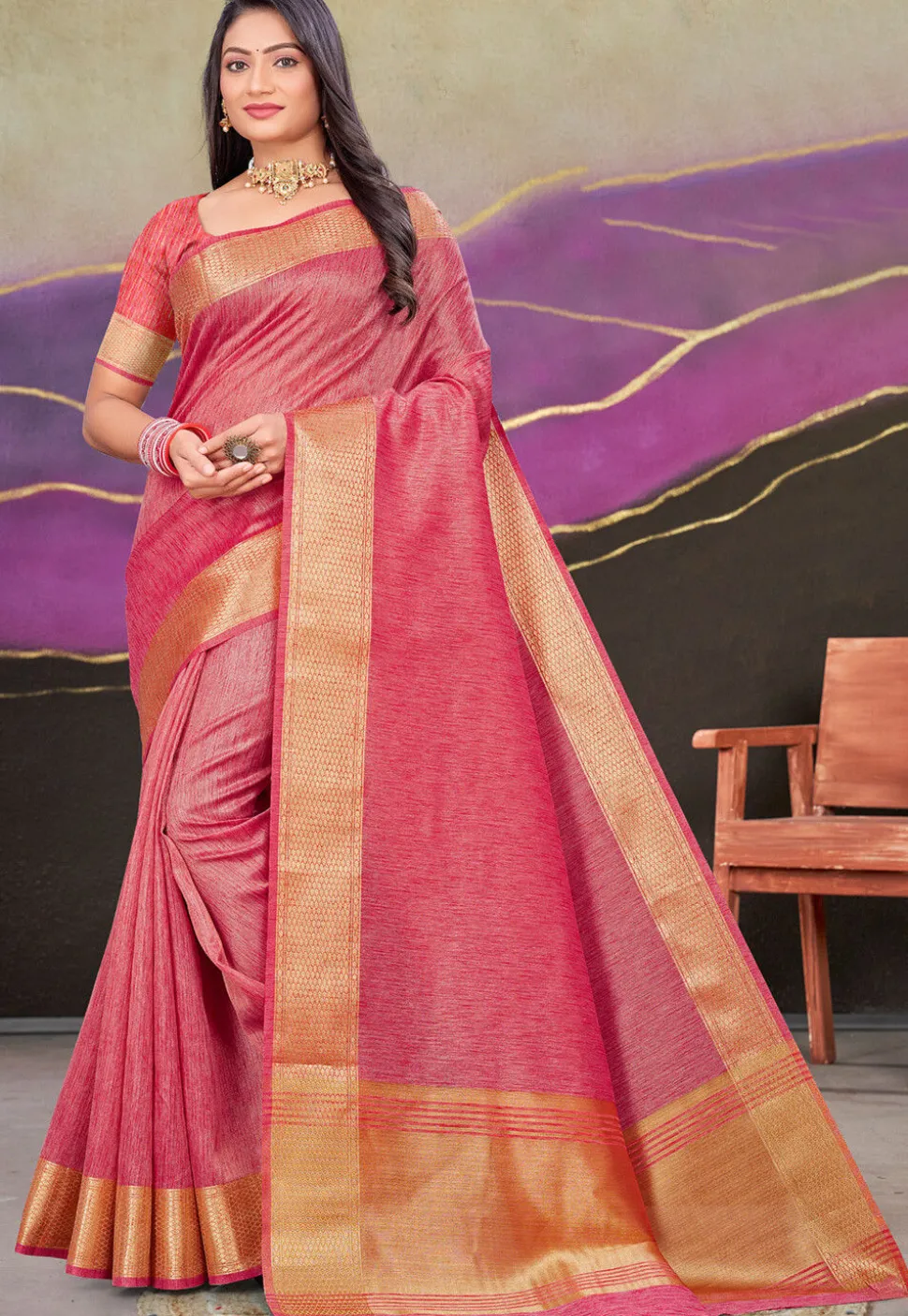 Woven Cotton Silk Saree in Pink