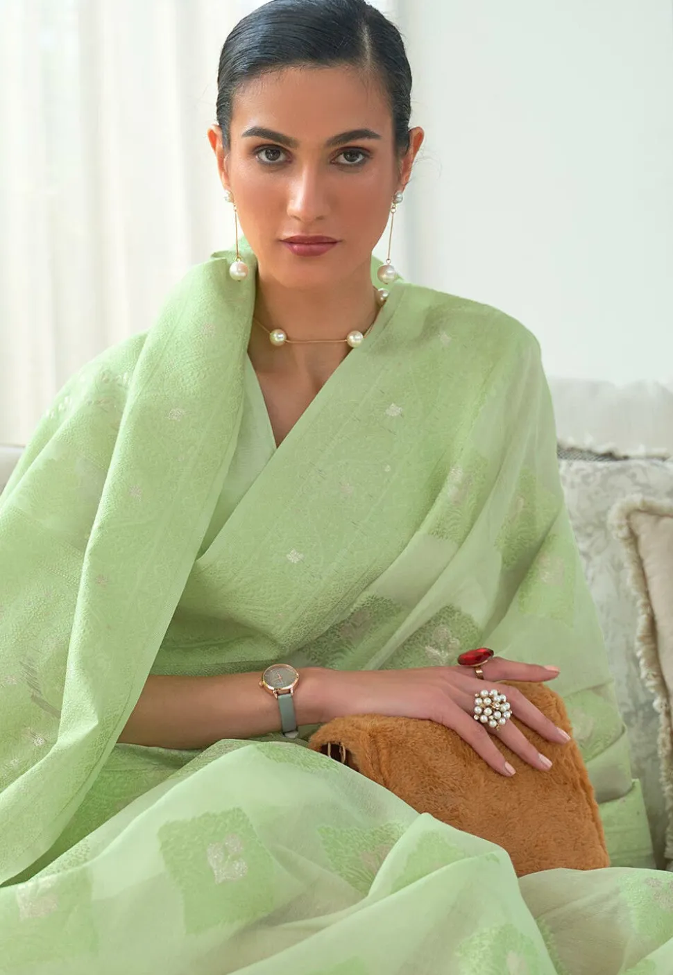 Woven Cotton Silk Saree in Light Green