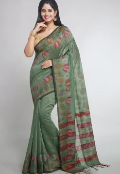 Woven Cotton Silk Tant Saree in Dusty Green