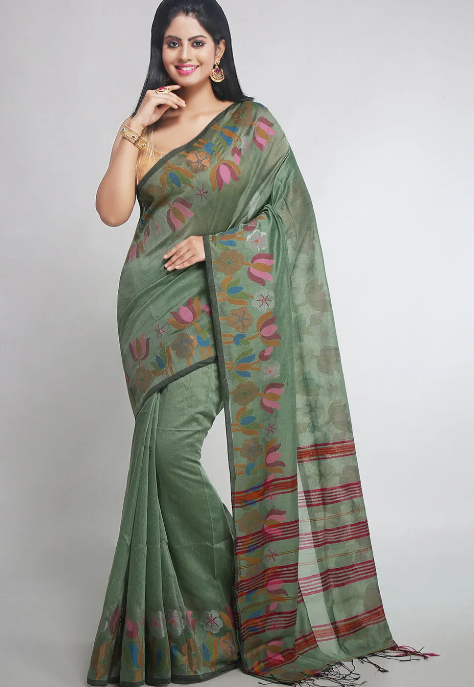 Woven Cotton Silk Tant Saree in Dusty Green
