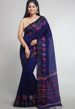 Woven Cotton Silk Tant Saree in Navy Blue