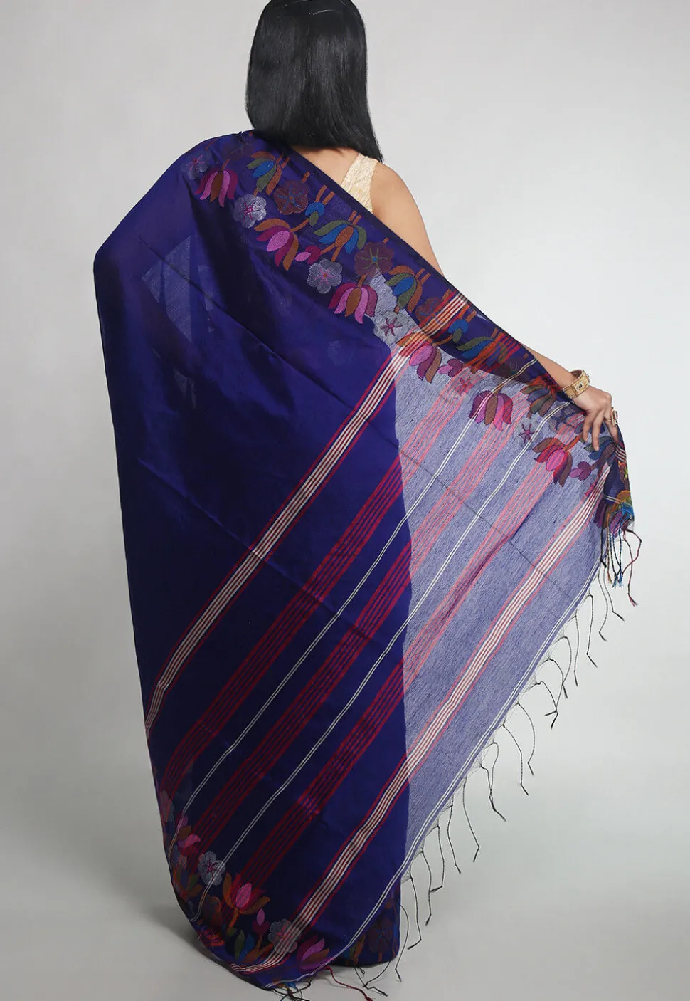 Woven Cotton Silk Tant Saree in Navy Blue