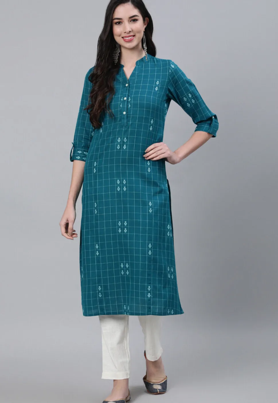 Woven Cotton Straight Kurta in Teal Blue
