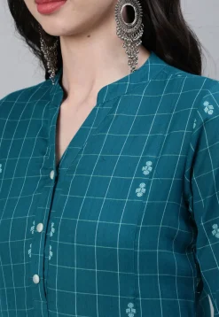 Woven Cotton Straight Kurta in Teal Blue