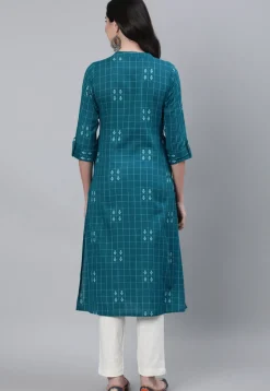 Woven Cotton Straight Kurta in Teal Blue