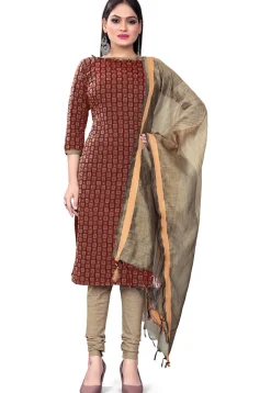 Woven Cotton Straight Suit in Maroon