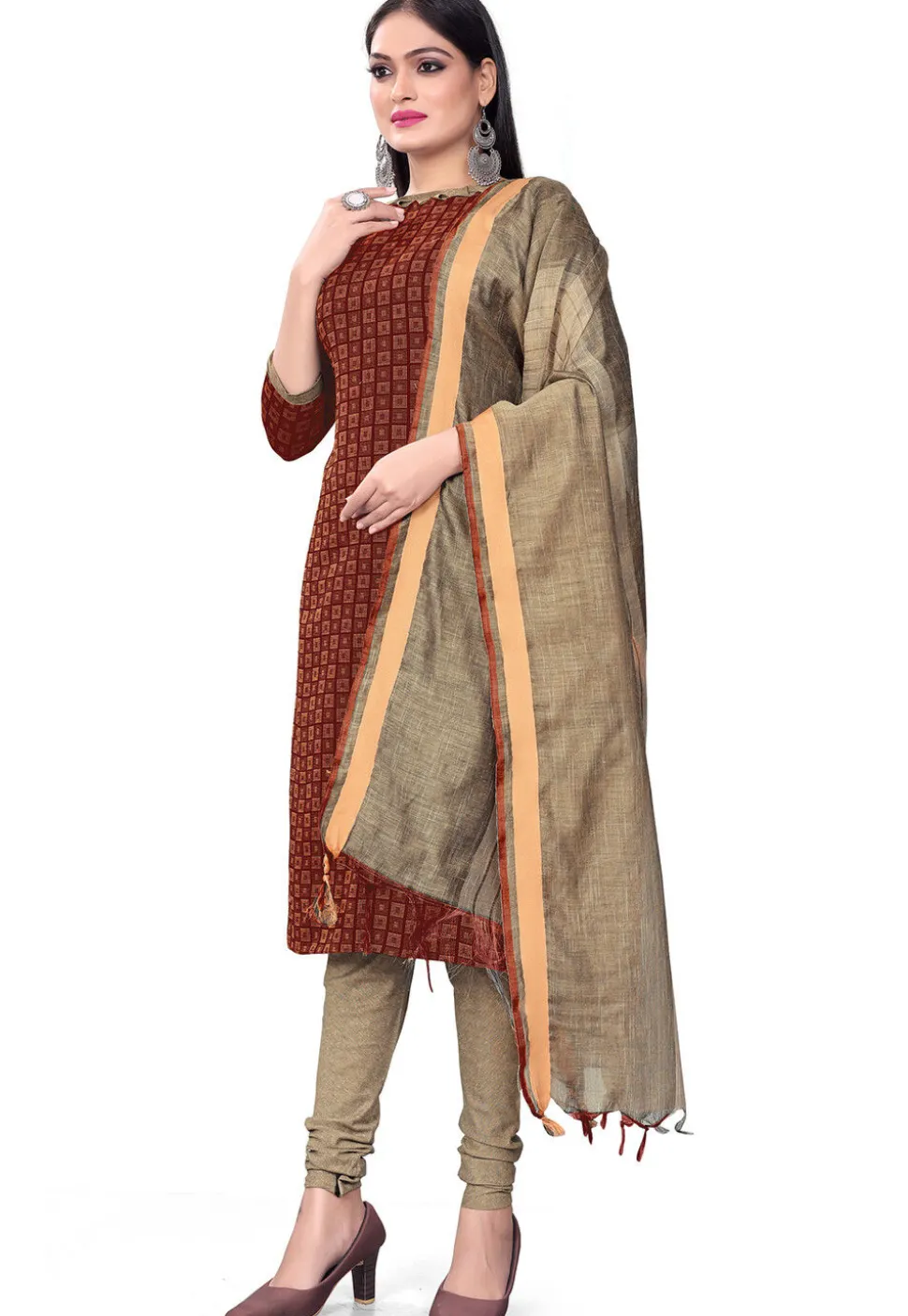 Woven Cotton Straight Suit in Maroon