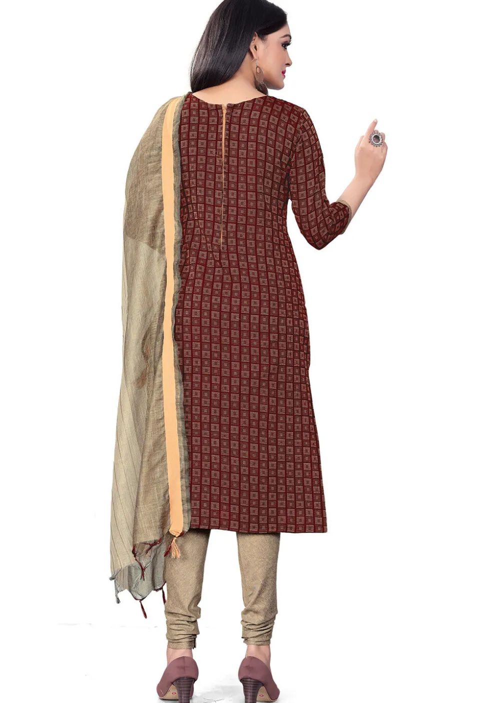 Woven Cotton Straight Suit in Maroon