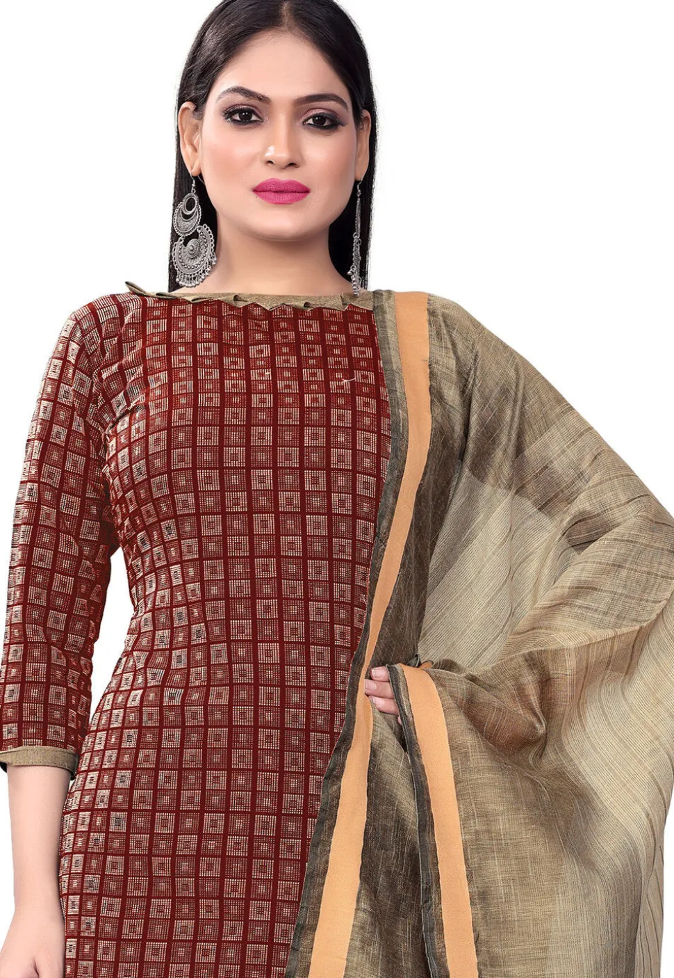 Woven Cotton Straight Suit in Maroon