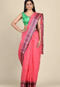 Woven Cotton Tant Saree in Coral Pink