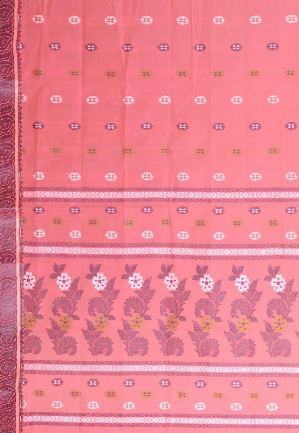Woven Cotton Tant Saree in Coral Pink