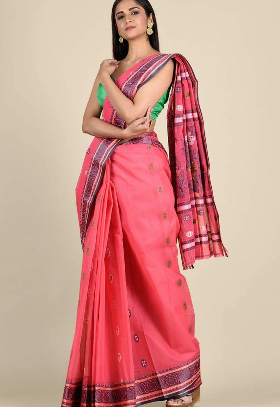 Woven Cotton Tant Saree in Coral Pink