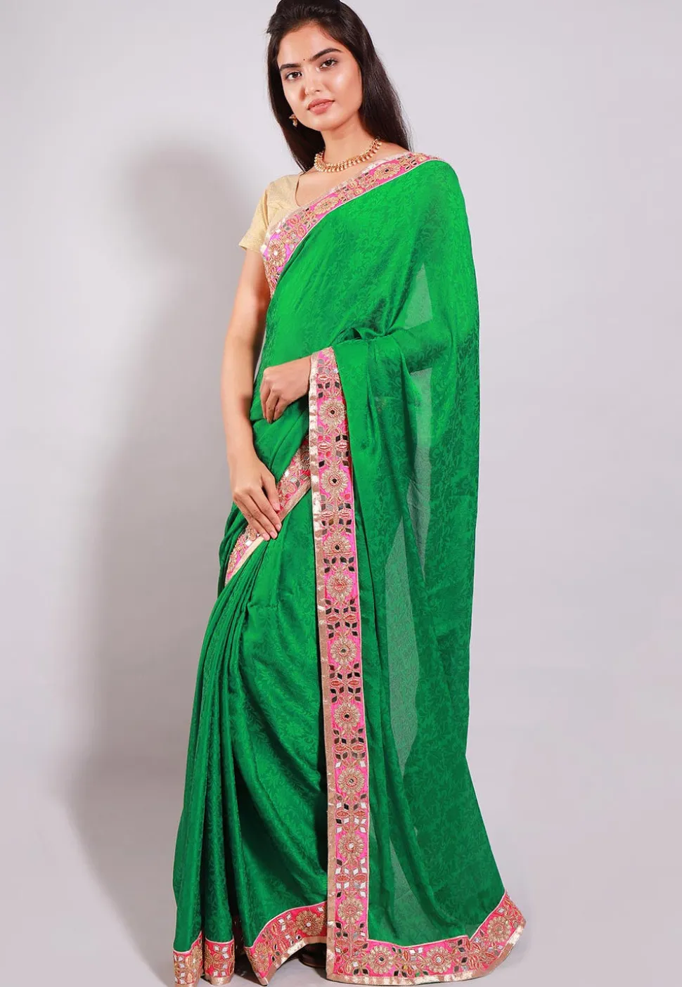 Woven Crepe Jacquard Saree in Green