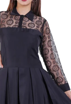 Woven Crepe Pleated Dress in Black
