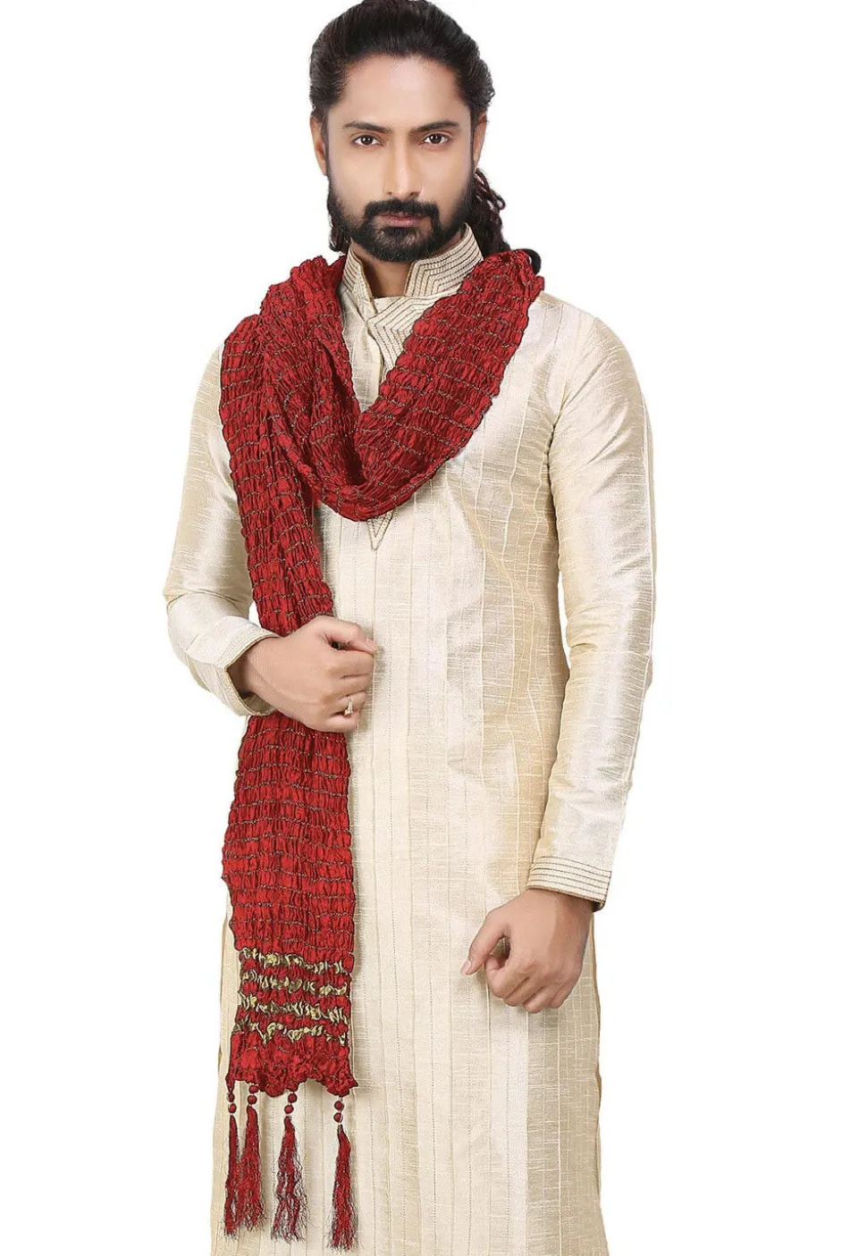 Woven Crushed Art Silk Men Stole in Red