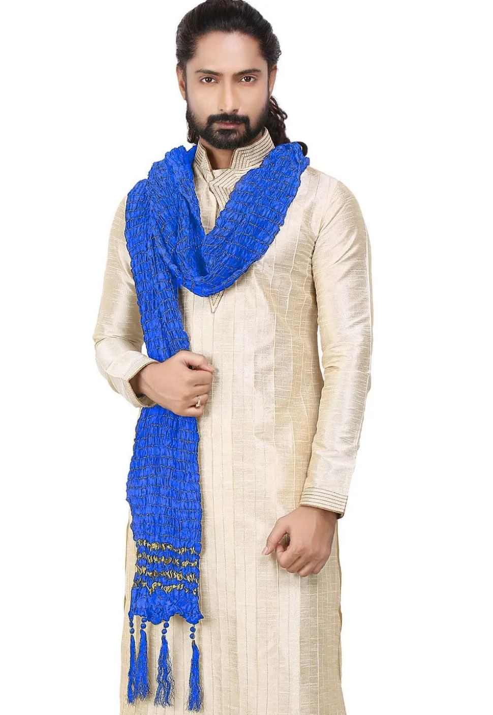 Woven Crushed Art Silk Men Stole in Royal Blue