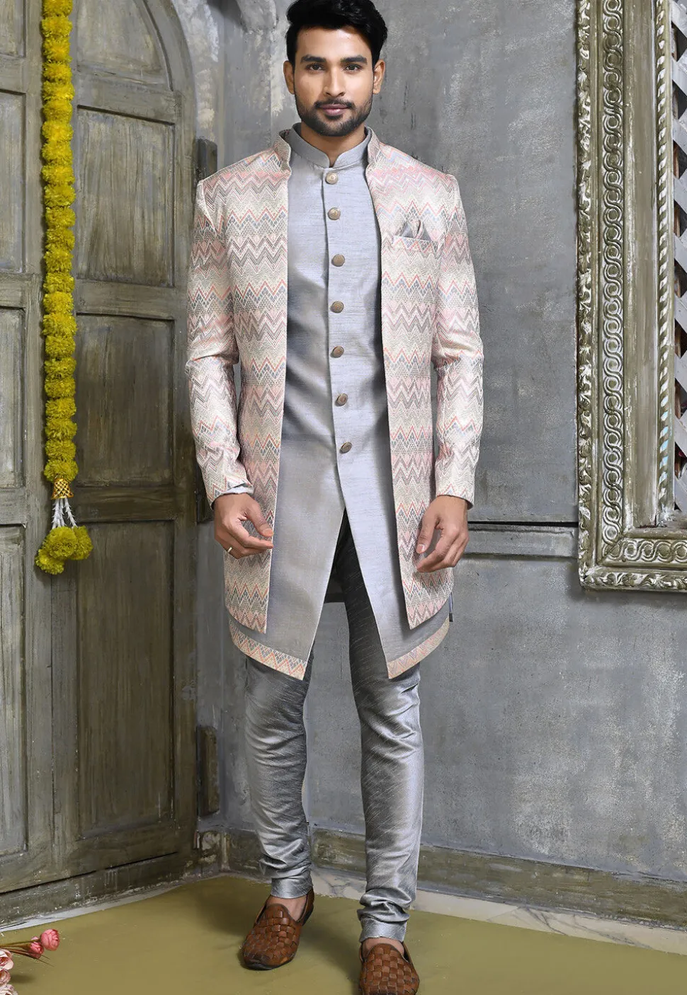 Woven Dupion Silk Asymmetric Sherwani in Grey