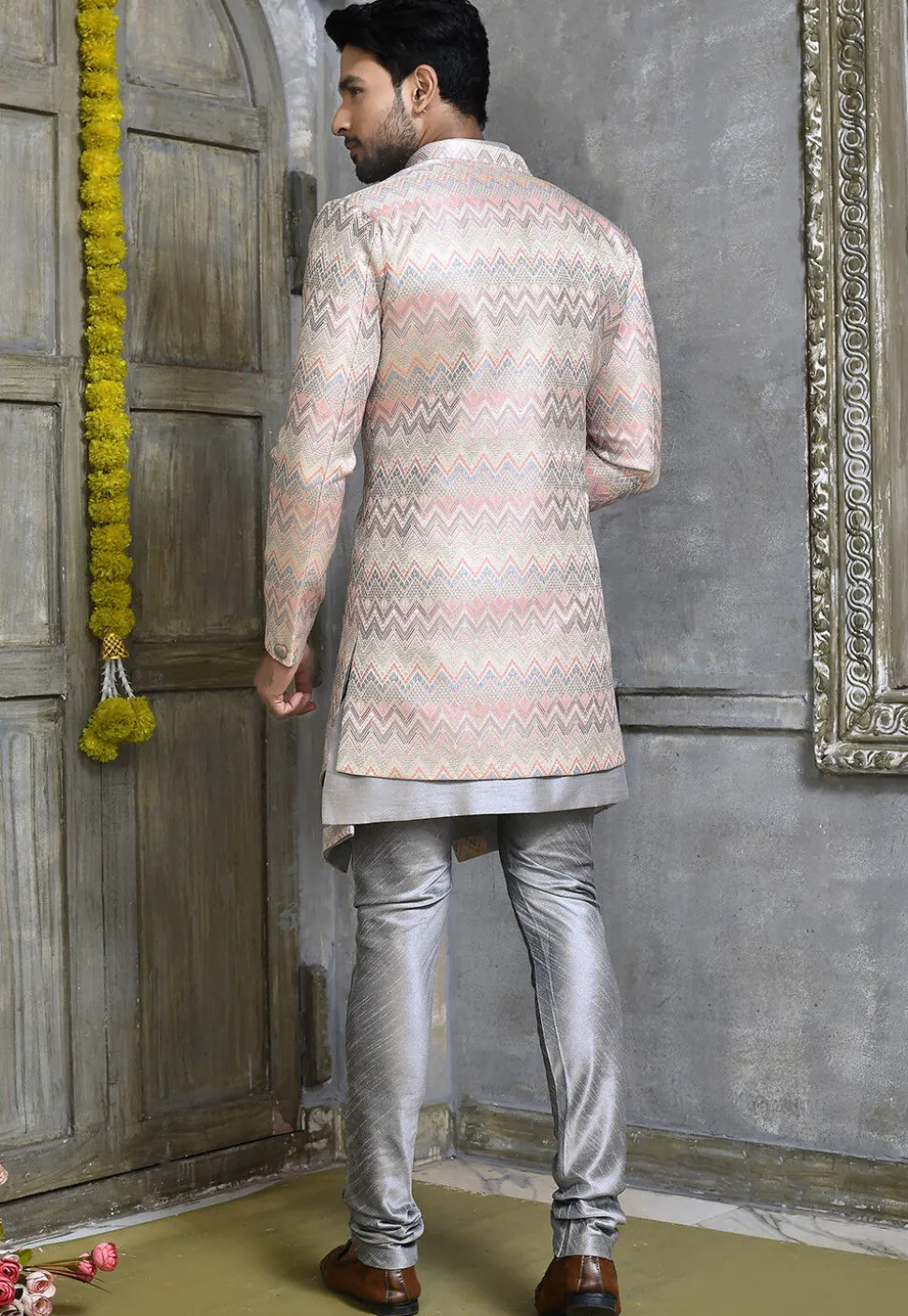 Woven Dupion Silk Asymmetric Sherwani in Grey