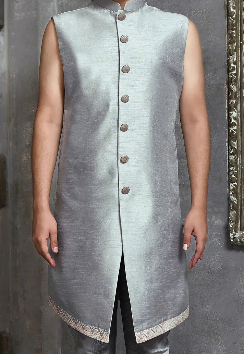 Woven Dupion Silk Asymmetric Sherwani in Grey