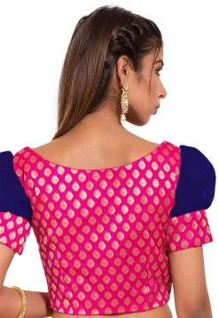 Woven Dupion Silk Blouse in Blue and Fuchsia