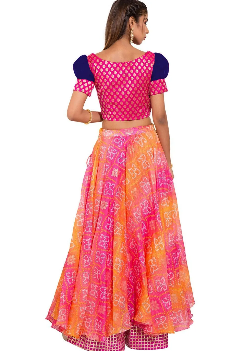 Woven Dupion Silk Blouse in Blue and Fuchsia