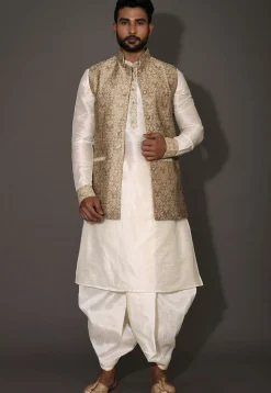 Woven Dupion Silk Dhoti Kurta in Cream