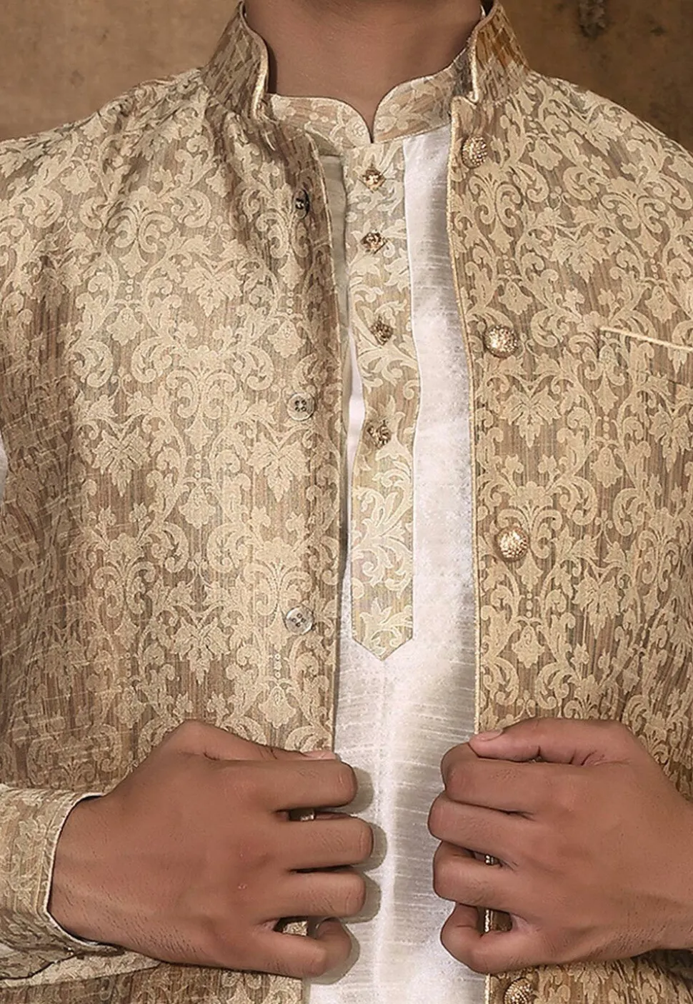 Woven Dupion Silk Dhoti Kurta in Cream