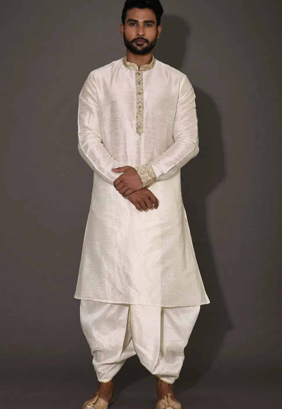 Woven Dupion Silk Dhoti Kurta in Cream