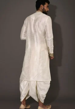 Woven Dupion Silk Dhoti Kurta in Cream