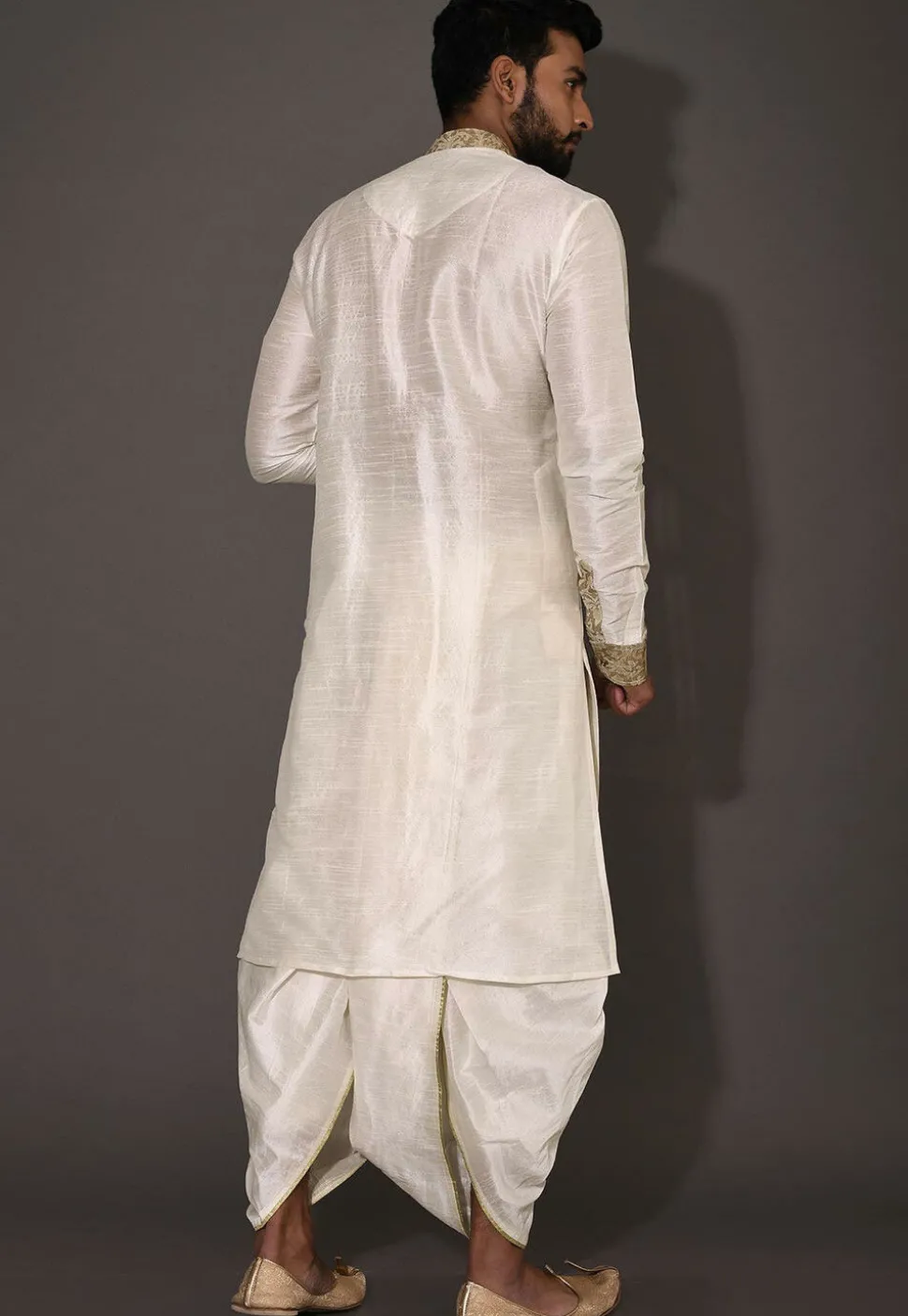 Woven Dupion Silk Dhoti Kurta in Cream