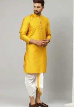 Woven Dupion Silk Jacquard Dhoti Kurta in Yellow