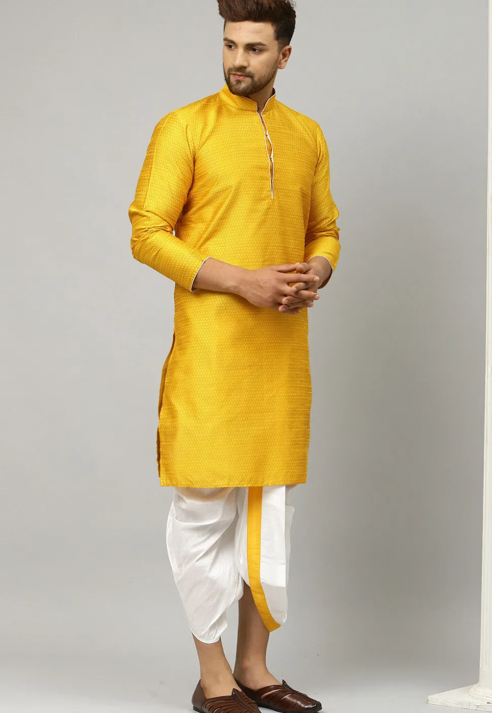 Woven Dupion Silk Jacquard Dhoti Kurta in Yellow