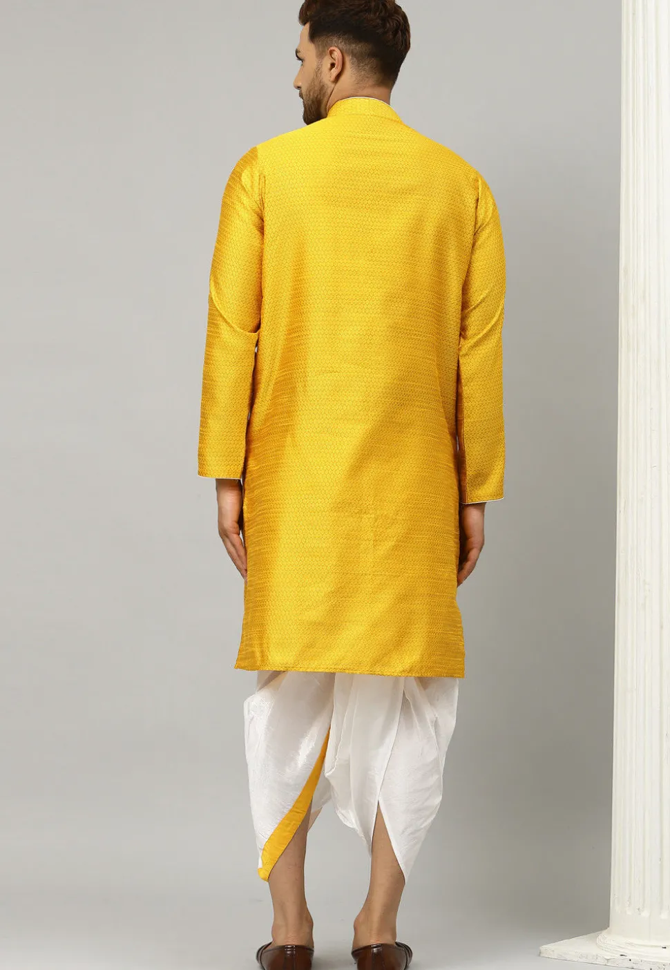 Woven Dupion Silk Jacquard Dhoti Kurta in Yellow