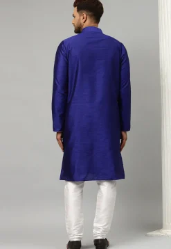 Woven Dupion Silk Jacquard Kurta Set in Dark Blue