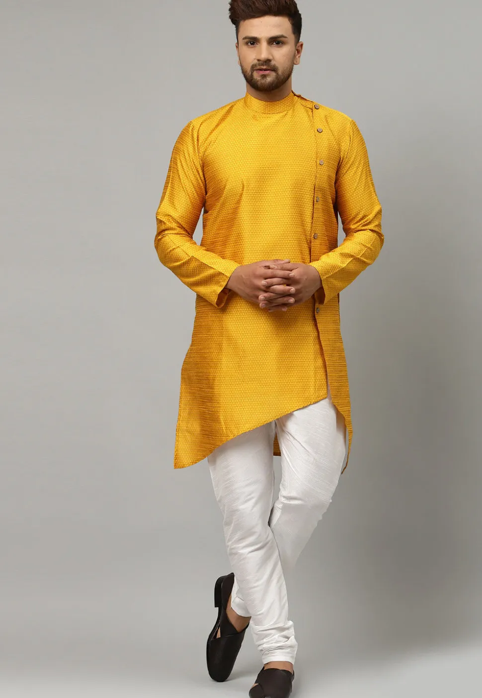 Woven Dupion Silk Jacquard Asymmetric Kurta Set in Mustard