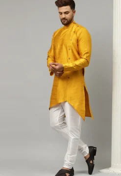 Woven Dupion Silk Jacquard Asymmetric Kurta Set in Mustard