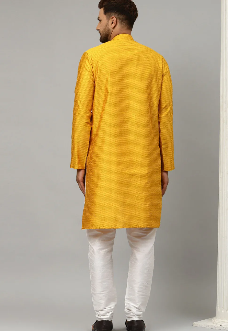 Woven Dupion Silk Jacquard Asymmetric Kurta Set in Mustard