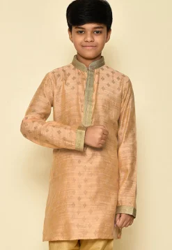Woven Dupion Silk Kurta in Light Peach