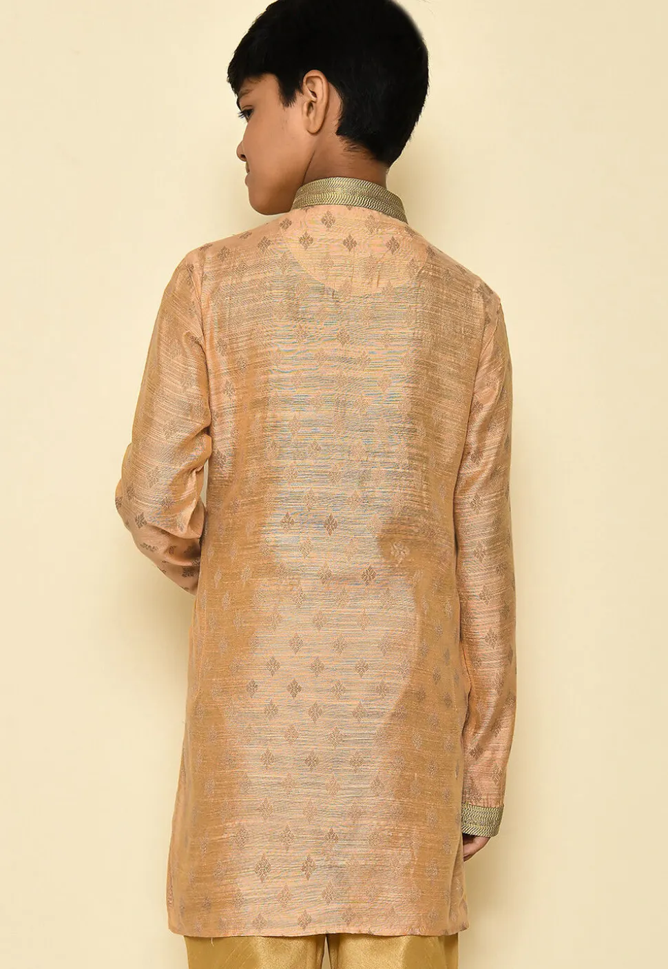 Woven Dupion Silk Kurta in Light Peach