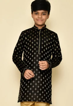 Woven Dupion Silk Kurta in Black